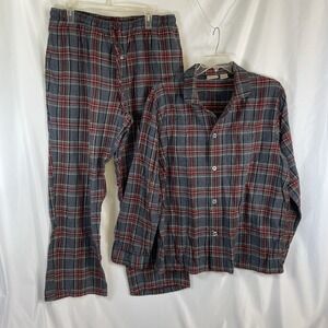 L.L.Bean Men Size XL Pajama Set Gray Plaid Flannel Button up Elastic Waist